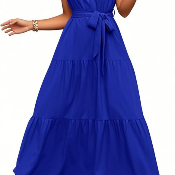 PRETTY GARDEN BLUE Maxi Halter Neck Ruffle Hem Dress Size XL - Picture 3 of 12